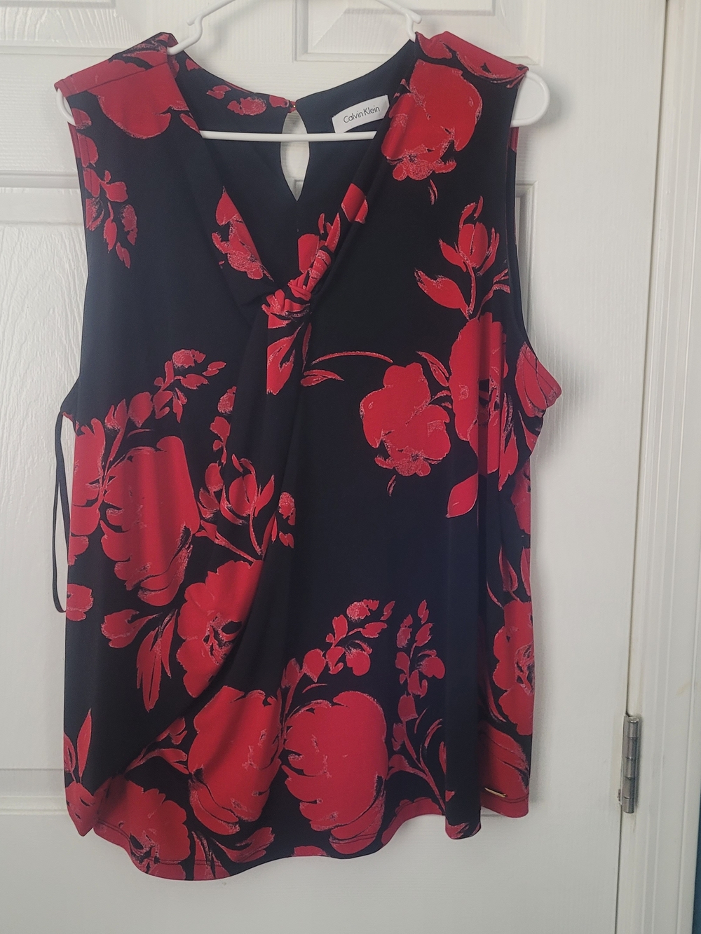 Calvin Klein Black Sleeveless V-Neck Top with Red Floral Print